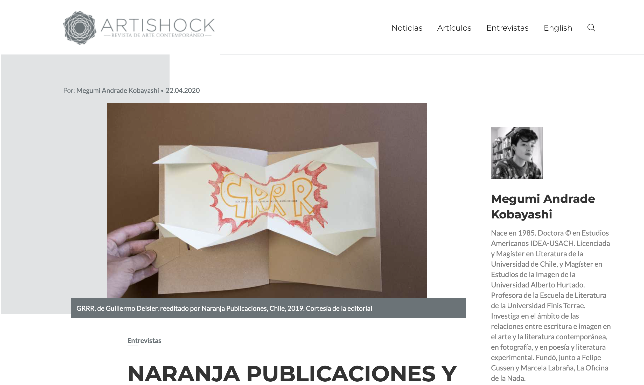 Entrevista de Megumi Andrade a Naranja en Artishock